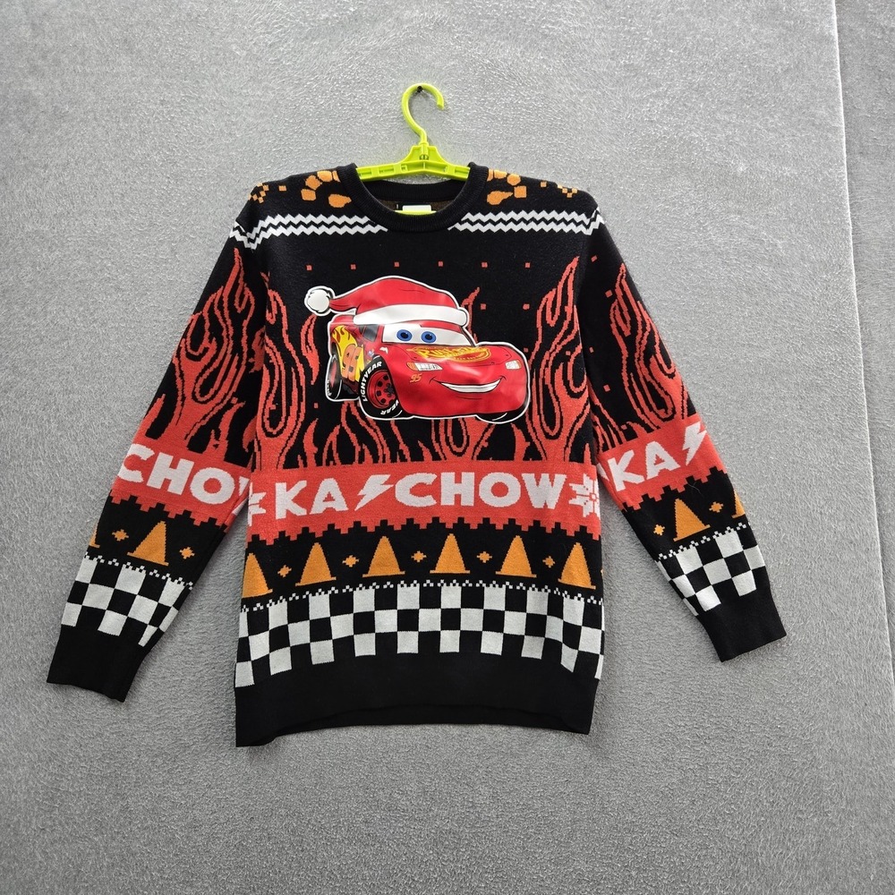 Disney Men Sweater XL Black Pixar Lightning Mcqueen Christmas Print Ugly Sweater
